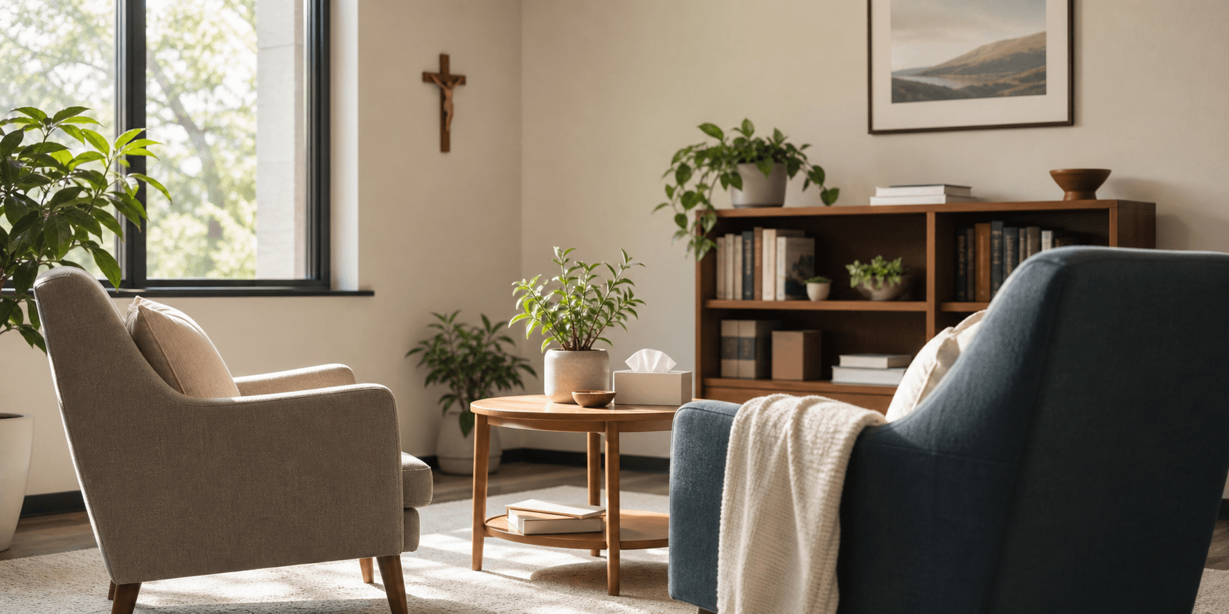 A calm Catholic therapy office prepared for a counseling session